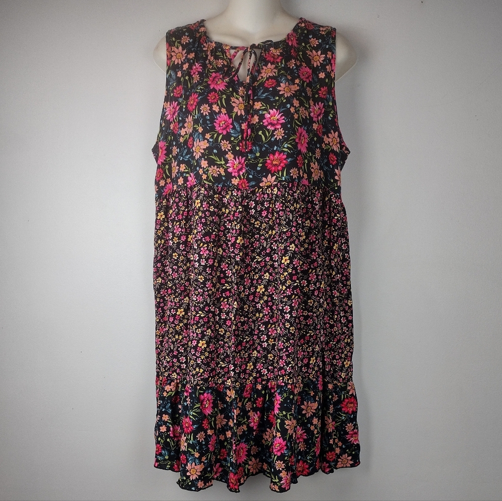 Sleeveless Black Floral Print Summer Lightweight Midi Dress size S